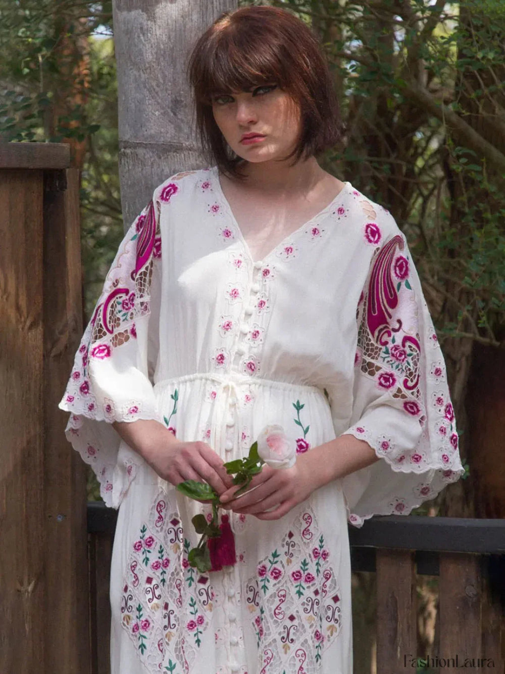 Floral Embroidered Batwing Boho Dress