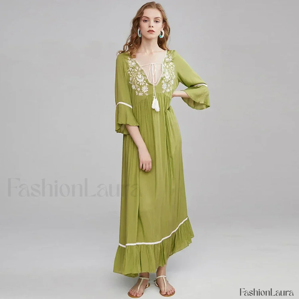 Floral Flare Sleeve Boho Dress Green / S