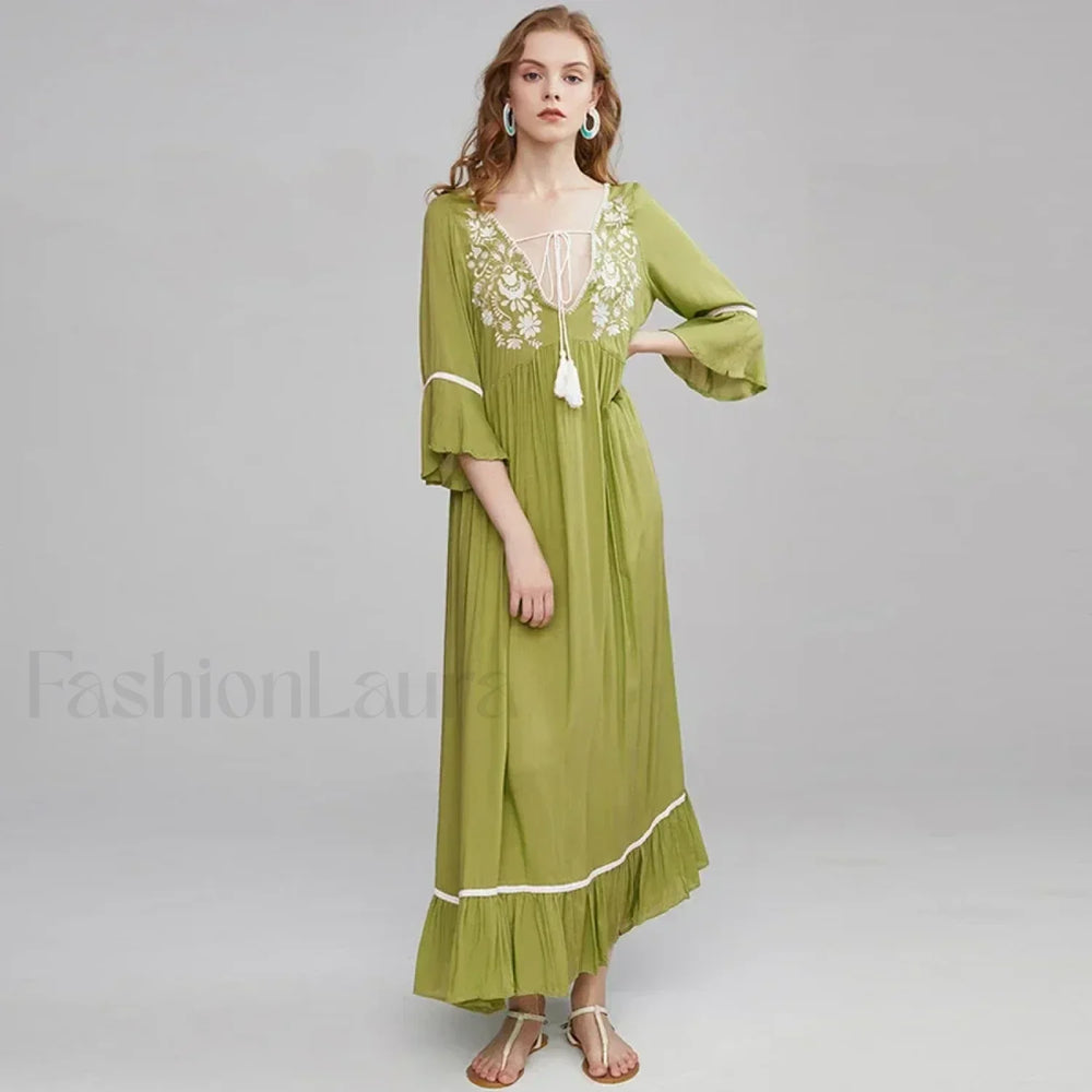 Floral Flare Sleeve Boho Dress Green / S