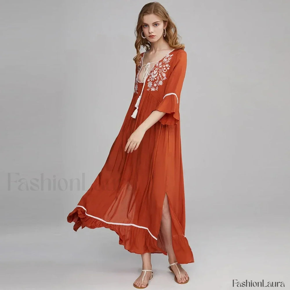 Floral Flare Sleeve Boho Dress Orange / S
