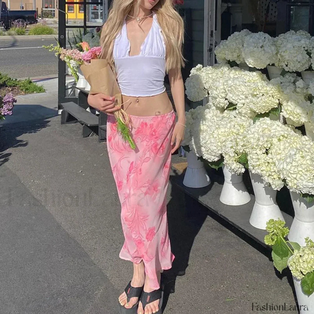 Floral Hip Slim Midi Skirt Pink / S