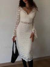 Floral Lace Long Trendy Sleeve Plunge Midi Dress Off White / XS Dresses