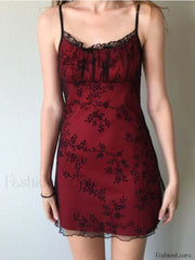 Floral Mesh Paneled Mini Dress Red / S Mini Dresses