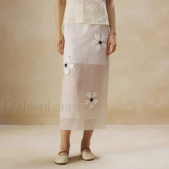 Floral Organza Back Slit Cotton Skirt White / S