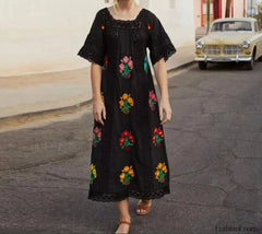 Floral Square Neck Boho Dress Black / S