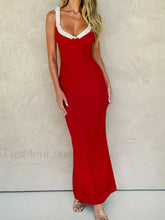 Flower Decor Red Spaghetti Maxi Dress Red / S