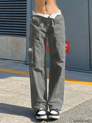 Fold Over Waist Y2K Straight Leg Pants Grey / S Straight Leg Pants