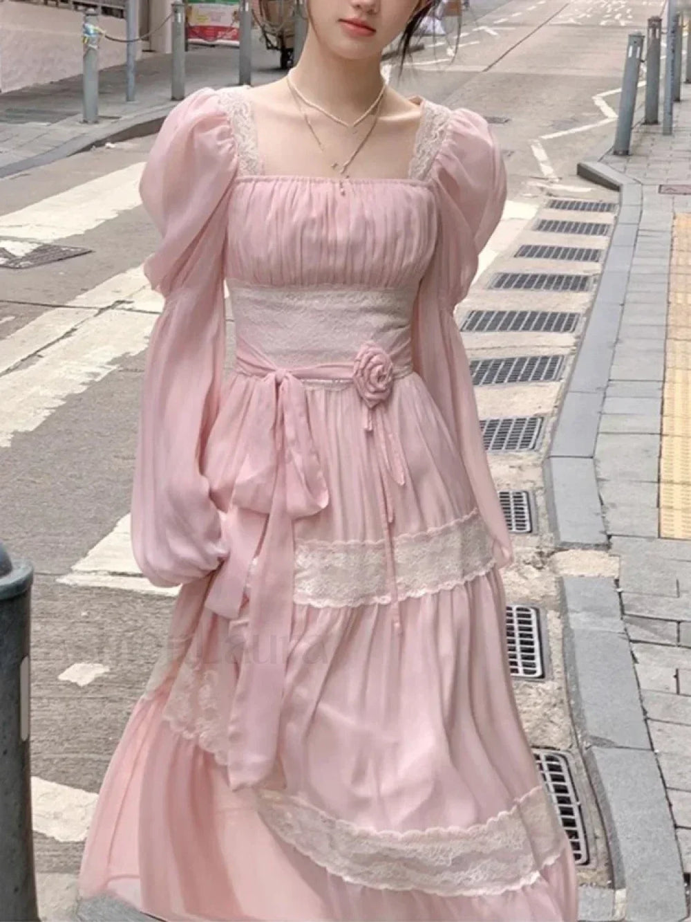 French Elegant Lace Solid A Line Evening Party Midi Dress