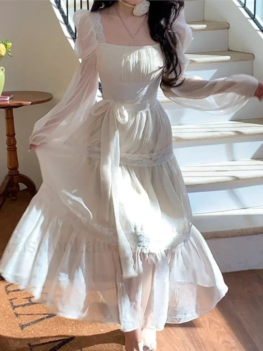 French Elegant Lace Solid A Line Evening Party Midi Dress