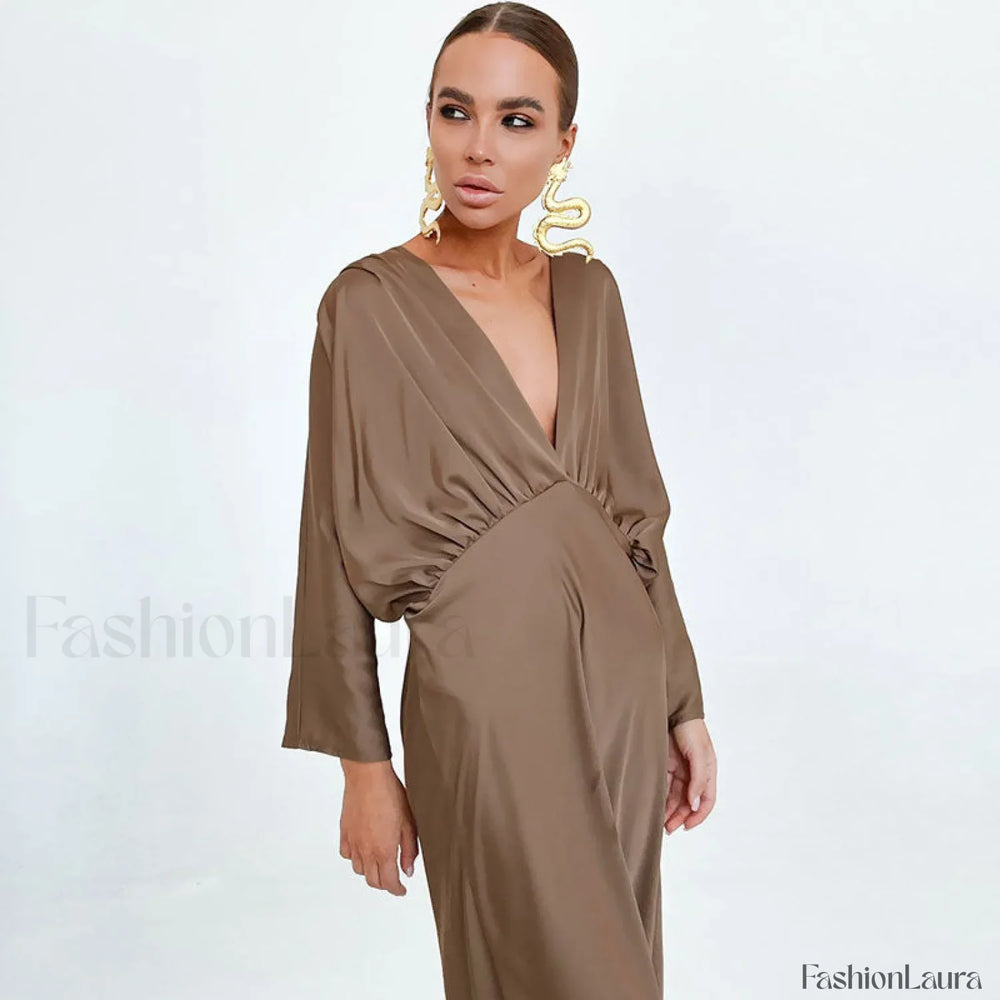 French Style Ruched Deep V Batwing Sleeve Split Cocktail Maxi Dress Brown L / Brown Formal Dresses