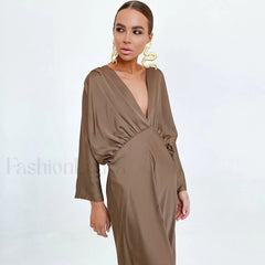 French Style Ruched Deep V Batwing Sleeve Split Cocktail Maxi Dress Brown L / Brown Formal Dresses