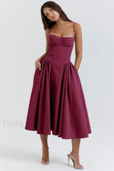 French Vintage Strap Midi Dress Burgundy / S
