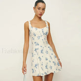Fresh Square Collar Floral Dress White / S