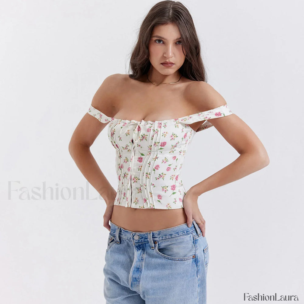 Fresh Tie Front Square Neck Frill Bustier Floral Printed Tank Top Pink L / Pink Floral Tops