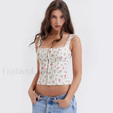 Fresh Tie Front Square Neck Frill Bustier Floral Printed Tank Top Pink S / Pink Floral Tops