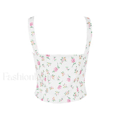 Fresh Tie Front Square Neck Frill Bustier Floral Printed Tank Top Pink Floral Tops