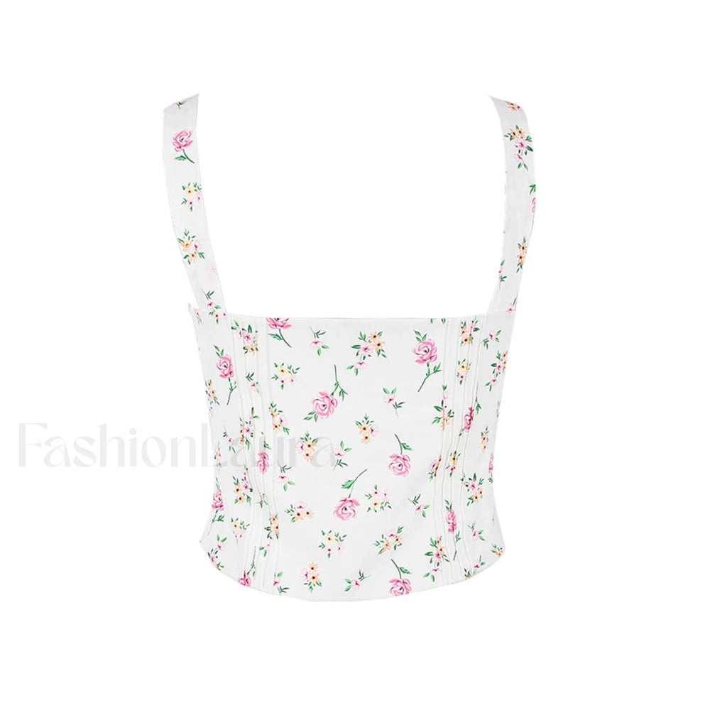 Fresh Tie Front Square Neck Frill Bustier Floral Printed Tank Top Pink Floral Tops