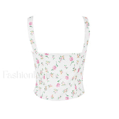 Fresh Tie Front Square Neck Frill Bustier Floral Printed Tank Top Pink Floral Tops