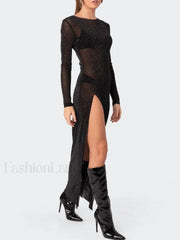 Glitter Mesh Split Long Sleeve Maxi Dress Midi Dresses