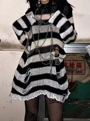 Gradient Striped Distressed Long Sleeve Mini Dress Black / ONE SIZE Mini Dresses