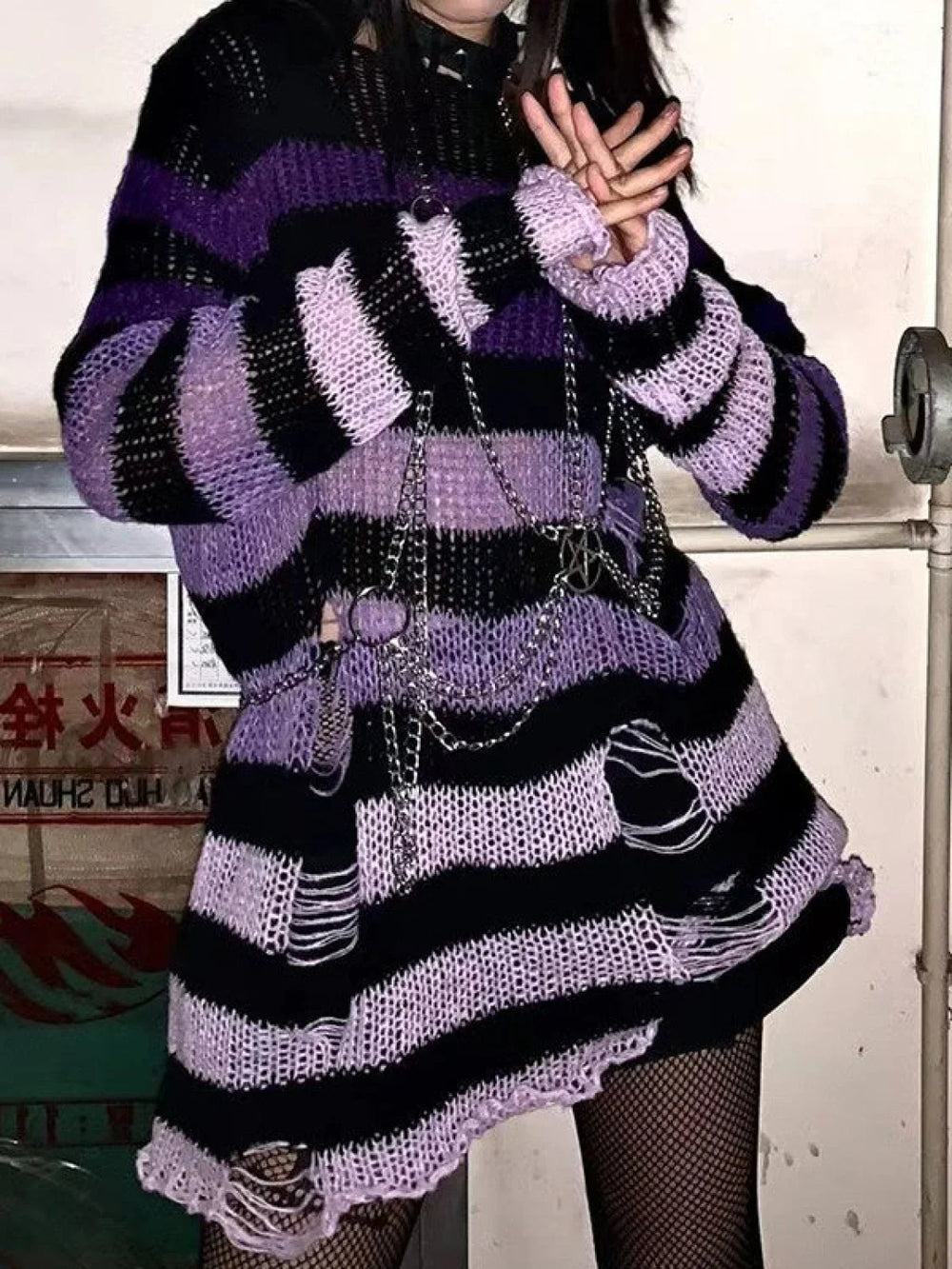 Gradient Striped Distressed Long Sleeve Mini Dress Mini Dresses