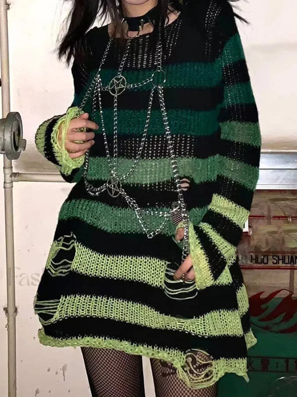 Gradient Striped Distressed Long Sleeve Mini Dress Green / ONE SIZE Mini Dresses