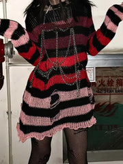 Gradient Striped Distressed Long Sleeve Mini Dress Red / ONE SIZE Mini Dresses