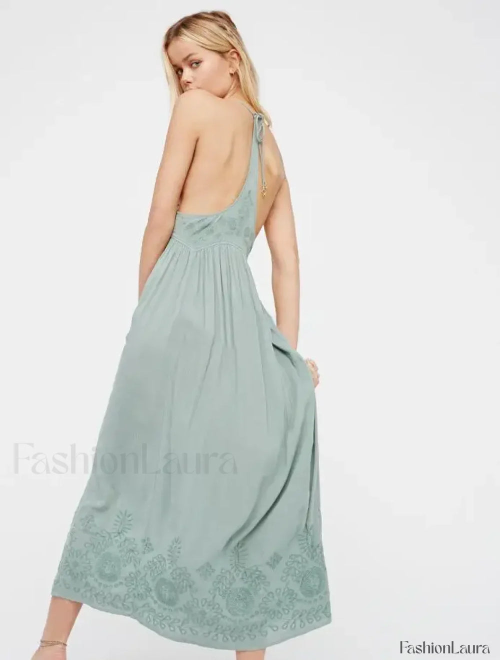 Green Cotton Embroidery Boho Dress Green / S