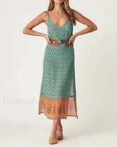 Green Side Slit Rayon Boho Dress