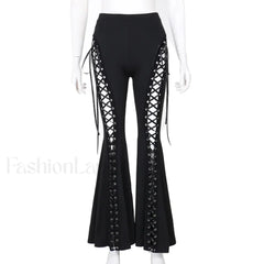 Grunge Streetwear Black Bandage Pants with Hollow Flare Design Black / S