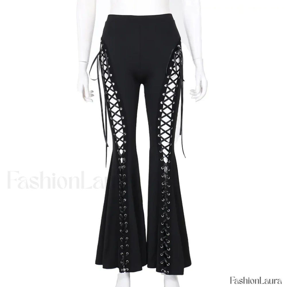 Grunge Streetwear Black Bandage Pants with Hollow Flare Design Black / S