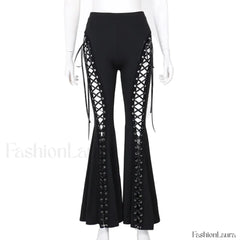 Grunge Streetwear Black Bandage Pants with Hollow Flare Design Black / S