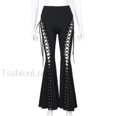 Grunge Streetwear Black Bandage Pants with Hollow Flare Design Black / S