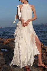 Halter Ruffled Vacation Maxi Dress White / S