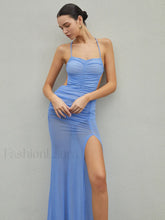 Halter Sheer Backless Trendy Split Long Dress Blue / S Dresses