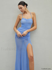 Halter Sheer Backless Trendy Split Long Dress Blue / S Dresses