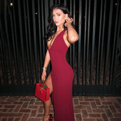 Halter Split V Neck Maxi Dress