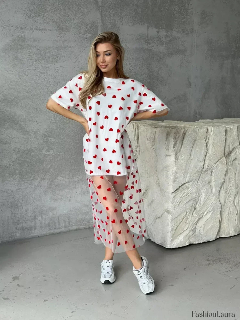 Heart Mesh Patchwork Cotton T Shirt White dress / M