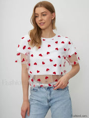 Heart Mesh Patchwork Cotton T Shirt White short tee / M