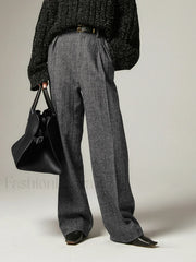 Herringbone Pockets Wide Trendy Leg Dress Pants Grey / XS Pants