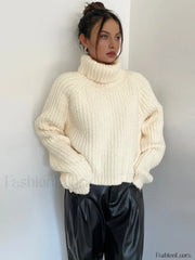 High Neck Graceful Ribbed Knit Sweater Beige / S Sweaters L