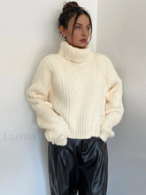 High Neck Graceful Ribbed Knit Sweater Beige / S Sweaters L