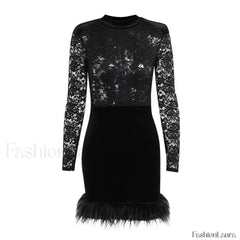 High Neck Long Sleeve Floral Lace Panel Trim Mini Dress Black Party Dresses L
