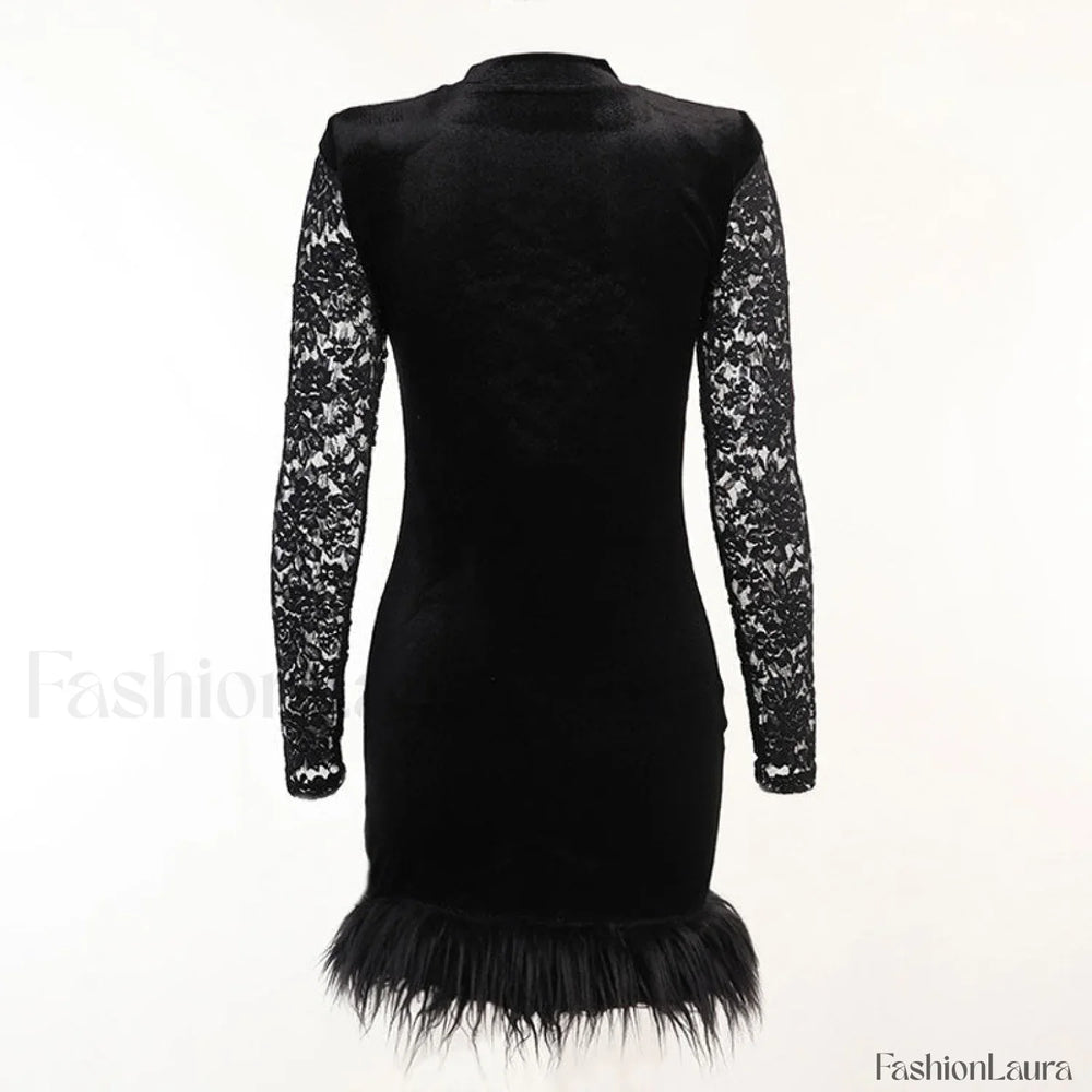 High Neck Long Sleeve Floral Lace Panel Trim Mini Dress Black Party Dresses L