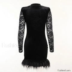 High Neck Long Sleeve Floral Lace Panel Trim Mini Dress Black Party Dresses L