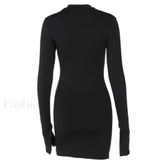 High Neck Long Sleeve Side Split Cutout Mini Dress Black Party Dresses L