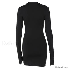 High Neck Long Sleeve Side Split Cutout Mini Dress Black Party Dresses L