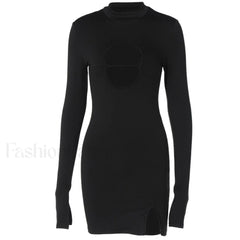 High Neck Long Sleeve Side Split Cutout Mini Dress Black Party Dresses L