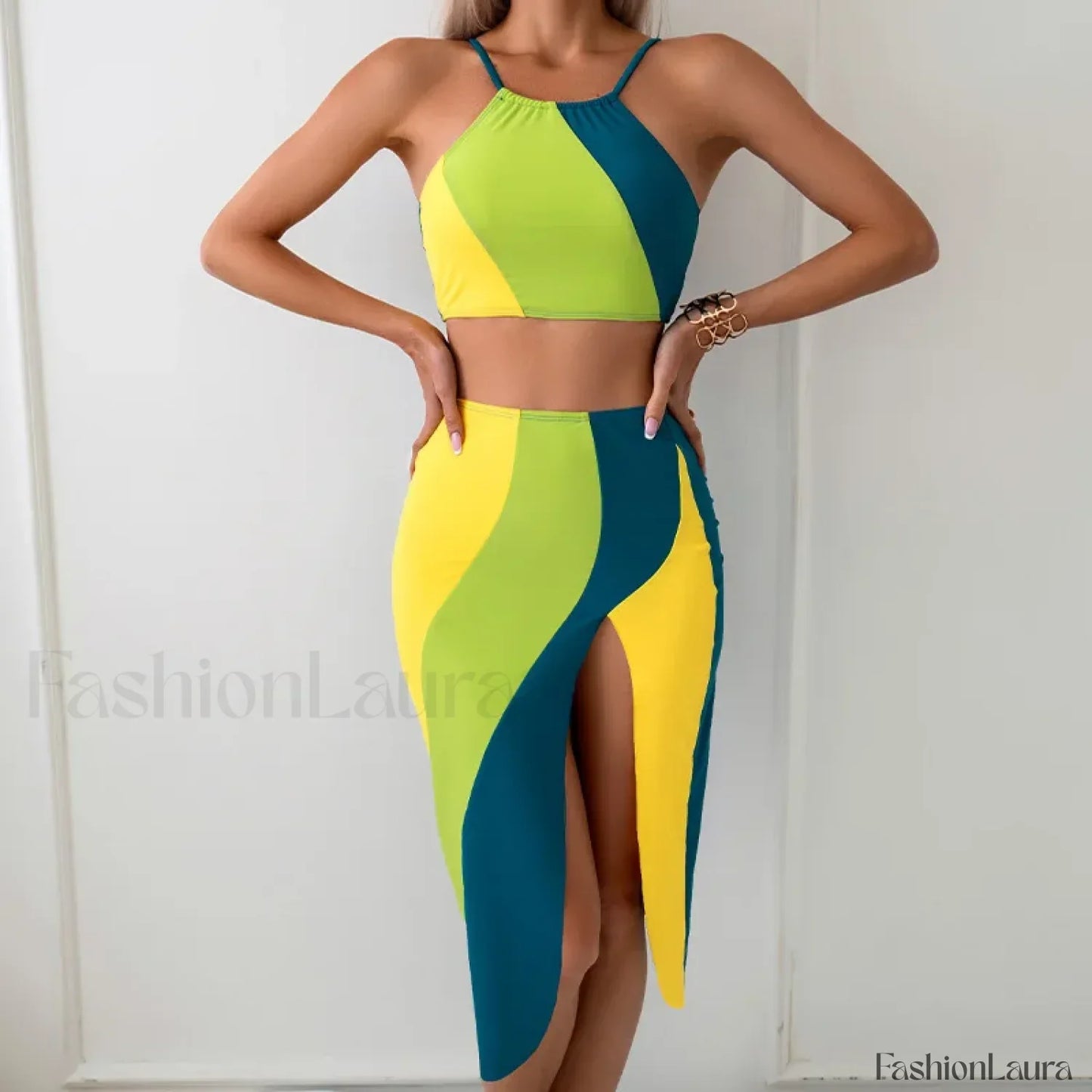 High Neck Pink Sarong Three Piece Set green yellow / S