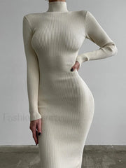 High Neck Ribbed Knit Long Sleeve Maxi Dress White / S Maxi Dresses